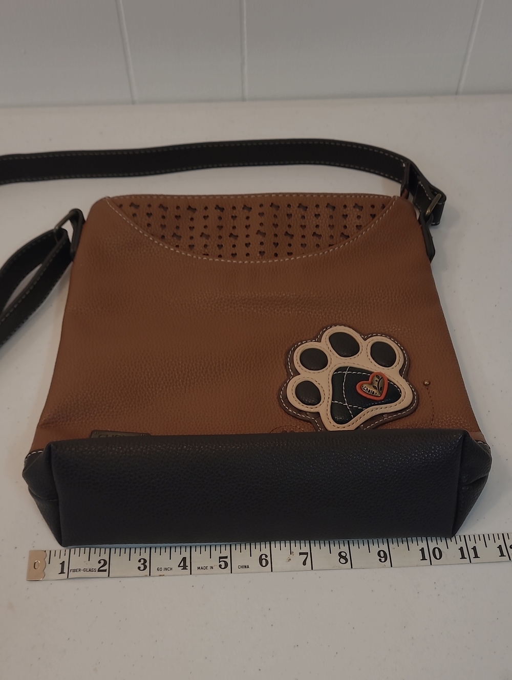 Dog Lover's Chala Paw Accent Vegan Brown/Black Crossbody Bag Adjustable Strap - Picture 9 of 16